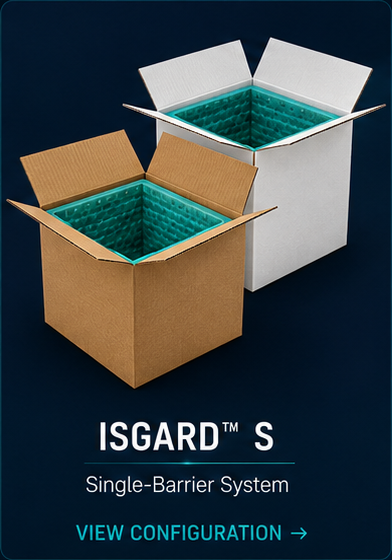 ISGARD S Single-Barrier System shown in natural kraft and white corrugated box options