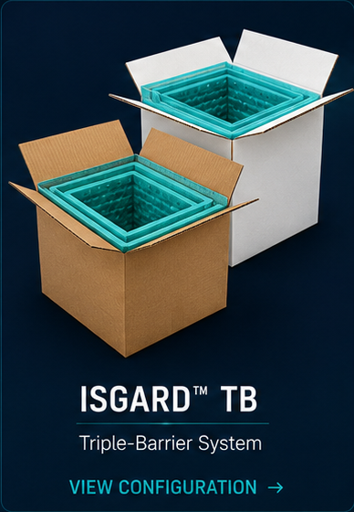 ISGARD TB Triple-Barrier System shown in natural kraft and white corrugated box options
